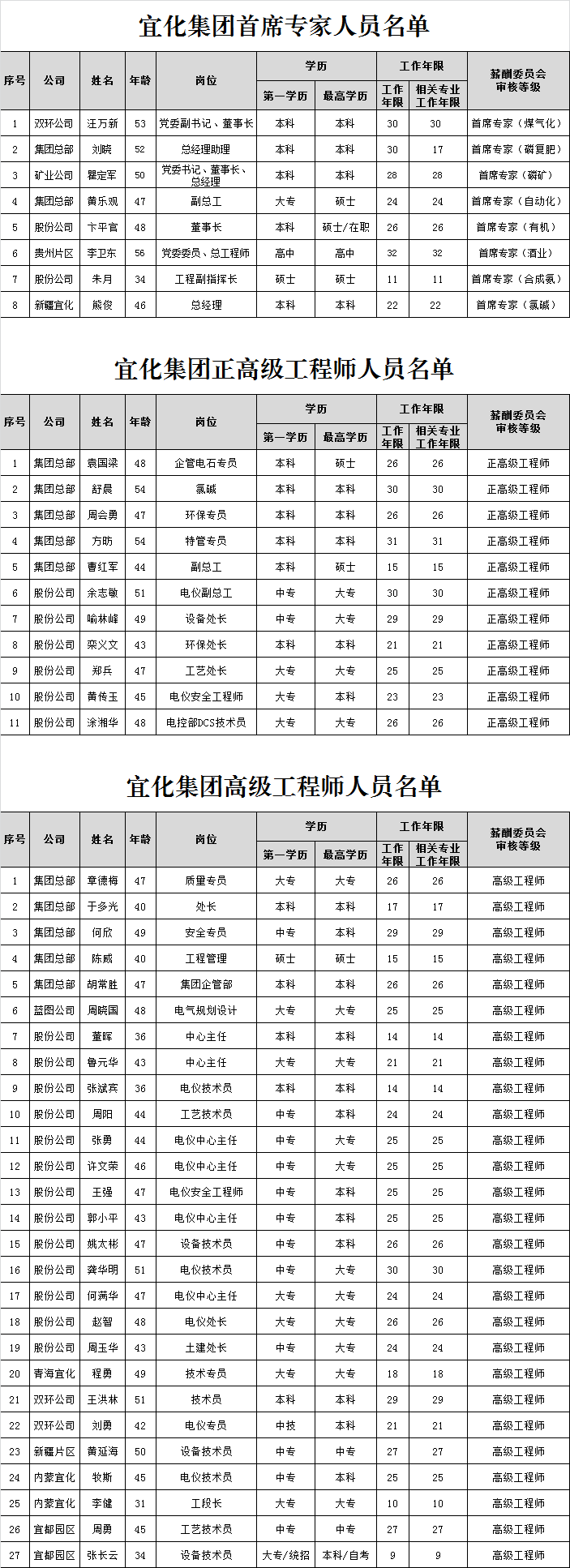 宜化集團(tuán)首席專家、正高級工程師、高級工程師評審結(jié)果公示